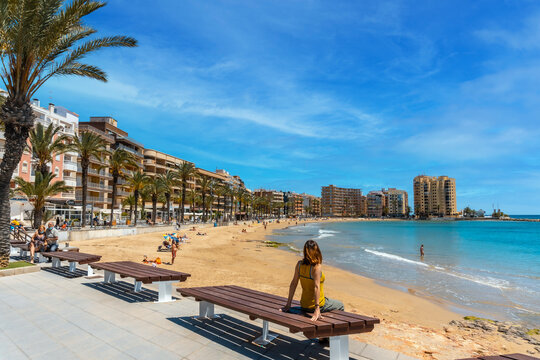 Torrevieja, Alicante. Spain; May 11, 2021: Playa del Cura in the coastal city of Torrevieja