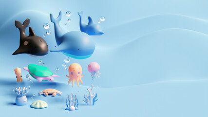 World Oceans Day Landing Page Template With Sea Animals 3D Rendering