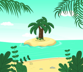 Island paradise summer sea landscape. Tropical nature coast. Travel tourism concept. Sunny exotic resort seascape. Ocean beach and palm tree leaves vector illustration.