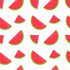 Seamless vector pattern with bright watermelons on a white background  Suitable for the design of textile fabric, wrapping paper, and wallpaper for websites. Vector illustration.