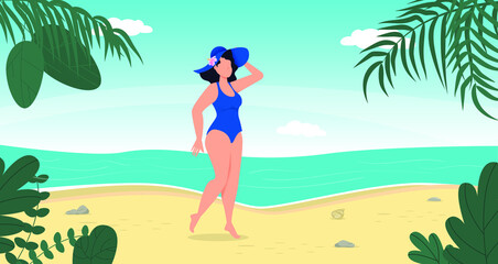 Obraz na płótnie Canvas Woman in swimsuit summer hat stand on tropical beach. Blue sea island in the background. Summer vacation concept. Girl in bikini travel sea. Tropical island paradise. Palm leaves, ocean wave seaside.