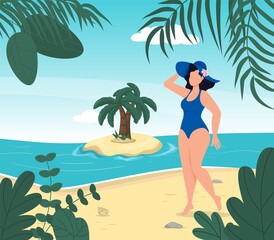 Fototapeta na wymiar Woman in swimsuit summer hat stand on tropical beach. Blue sea island in the background. Summer vacation concept. Girl in bikini travel sea. Tropical island paradise. Palm leaves, ocean wave seaside.