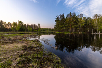 Fototapeta na wymiar Spring landscape, river, bushes and trees, reflected in the water. Sunset sky with feather clouds. Bright spring greenery in the landscape.