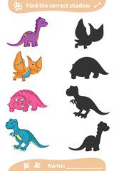 Find the correct shadow. Cute colorful dinosaurs. Preschool worksheet. Vector illustration.