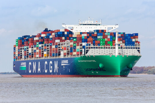 Liquid Natural Gas powered Container ship CMA CGM Montmartre on Elbe river heading to Hamburg