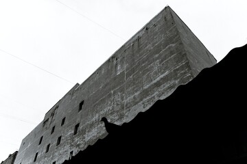 bottom view of a rough wall of a gray building and a small silhouette of a bird, in black and white