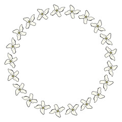Round frame with light flowers on white background. Doodle style. Vector image.