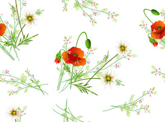 Obraz na płótnie Canvas Beautiful seamless pattern with bright red poppies and delicate field chamomiles on white background. Vector drawing for design of textile, fabrics, wallpaper, web sites and other. 