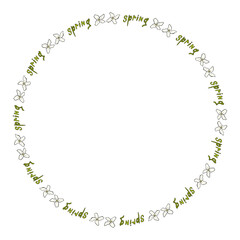 Round frame with spring flowers on white background. Doodle style. Vector image.