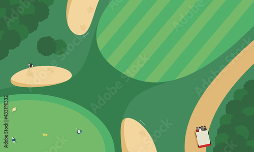 Leinwandbilder 空から見たゴルフコースの風景 ゴルフフラッグのあるグリーン周りでボールを打ってる人達のイラスト Yukimco