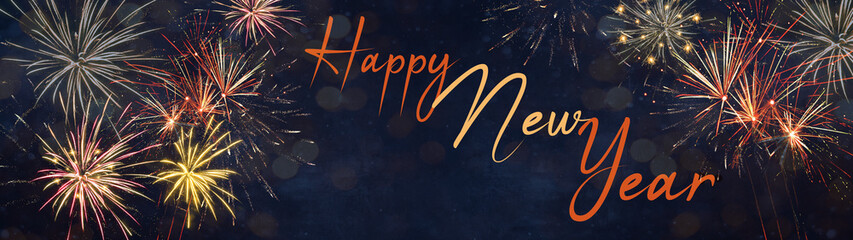 HAPPY NEW YEAR background banner panorama greeting card - Golden firework on dark blue night sky