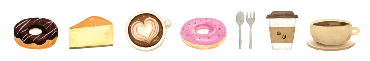 カフェのアイコンセット　水彩イラスト