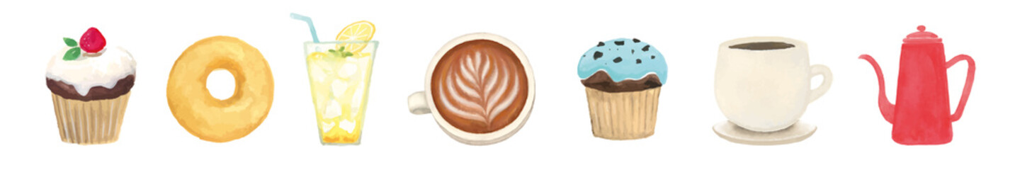 カフェのアイコンセット　水彩イラスト