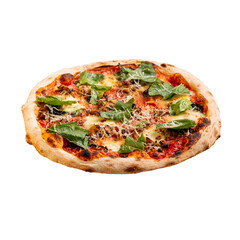 Isolated spinach pizza with olives and cheese on the white background