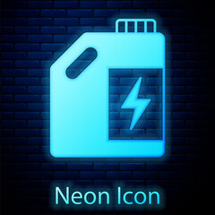Obraz premium Glowing neon Eco fuel canister icon isolated on brick wall background. Eco bio and barrel. Green environment and recycle. Vector