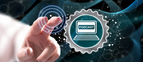 Woman touching a podcast concept