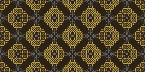 Background pattern in vintage style with geometric ornament on a black background, wallpaper. Seamless pattern, texture. Vector illustration for design.