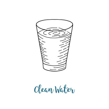 Glass of clean water. Outline hand drawn poster. Stock vector illustration.