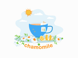 Daisy flower. Chamomile. Chamomile tea. Blue cup, mug of tea. Herb drink from flowers of chamomile medicinal. Hot aromatic fresh tea. Flat vector illustration, isolated objects