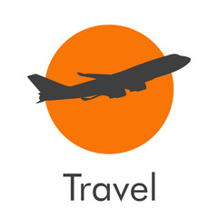 Logotipo con texto Travel y silueta de avi&oacute;n en c&iacute;rculo en color gris y naranja
