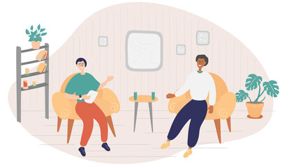 Male presenter asks famous celebrity on TV show. Popular man-star gives interview to television presenter in broadcast studio. Internet interview channel concept. Cartoon vector illustration