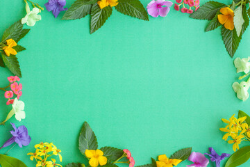 A frame full of summer. Colourful flowers and leaves framing green background with plenty of free empty space for text. 