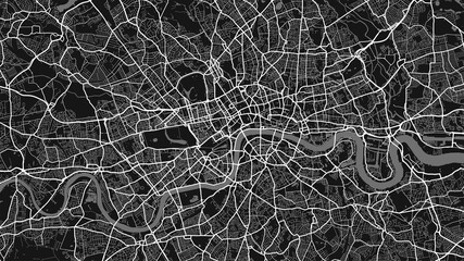 Black and white London city area vector background map, streets and water cartography illustration.