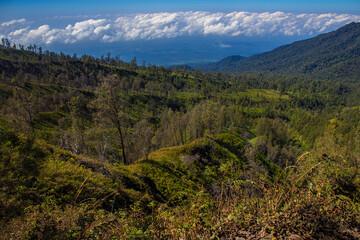 Kawah Ijen hiking trail, East Java, Indonesia. Mount Ijen is an active volcano located in Banyuwangi is famous for sulphur mining and its blue fire.