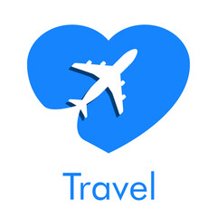 Logotipo con texto Travel y silueta de avión con sombra en corazón en color azul