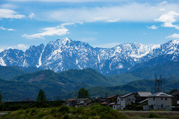 Fototapeta na wymiar Tateyama mountain range seen from Toyama plain in Toyama, Japan. Turugi, Tateyama, atc. 富山平野から見た立山連峰。富山県。剱、立山など
