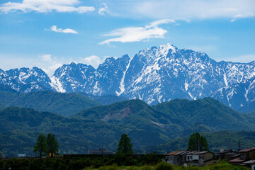 Fototapeta premium Tateyama mountain range seen from Toyama plain in Toyama, Japan. Turugi, Tateyama, atc. 富山平野から見た立山連峰。富山県。剱、立山など