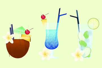 A set of tropical cocktails with different decor. 