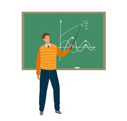 Male teacher with pointer standing front of blackboard in classroom. Explaining graph, formula, equation and pointing to the chalkboard. Flat cartoon vector illustration