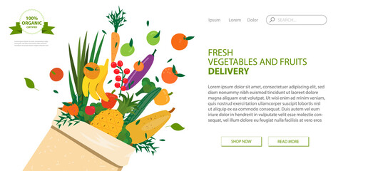 Web page design template for grocery store, online market, farm, home delivery fresh vegetables and fruits. Vector illustration for website development, app mobile. Fresh organic food in cardboard bag