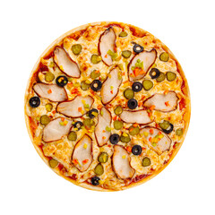 Isolated chicken pizza with pickles on the white background