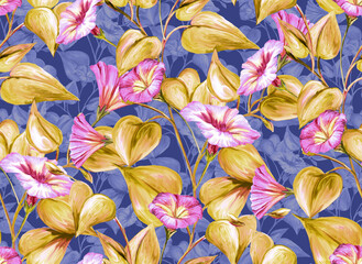 Herbal seamless pattern with painted stems, leaves and flowers of pink loach. Digital art background. Print for paper and fabric. Trendy surface textile design