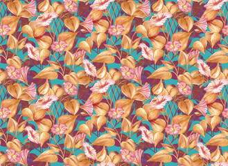 Fototapeta na wymiar Herbal seamless pattern with painted stems, leaves and flowers of pink loach. Digital art background. Print for paper and fabric. Trendy surface textile design