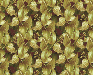 Fototapeta premium Herbal seamless pattern with painted flowers and leaves of tropical plants. Digital art background with floral pattern. Print for paper and fabric. Trendy surface textile design with pastel colors