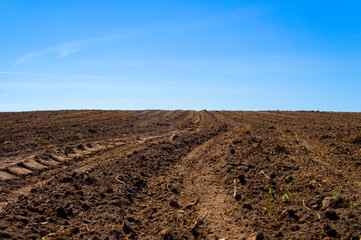 Agricultural agro plowed field in spring