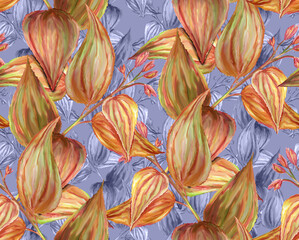 Obraz na płótnie Canvas Herbal seamless pattern with painted flowers and leaves of tropical plants. Digital art background with floral pattern. Print for paper and fabric. Trendy surface textile design with pastel colors