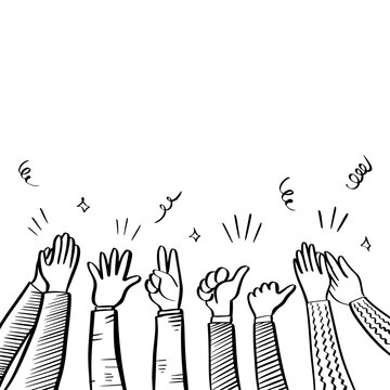 Hand Drawn sketch style of applause, thumbs up gesture. Human hands clapping ovation. on doodle style, vector illustration.