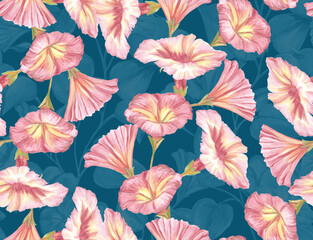 Herbal seamless pattern with painted stems, leaves and flowers of pink loach. Digital art background. Print for paper and fabric. Trendy surface textile design