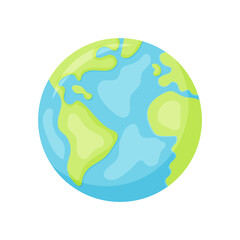 Vector cartoon flat globe illustration isolated on a white background. Flat earth planet with continents, oceans 