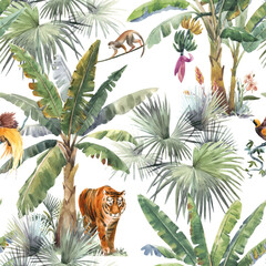 Beautiful vector seamless pattern with watercolor tropical palms and jungle animals tiger, giraffe, leopard. Stock illustration.