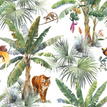 Beautiful vector seamless pattern with watercolor tropical palms and jungle animals tiger, giraffe, leopard. Stock illustration.
