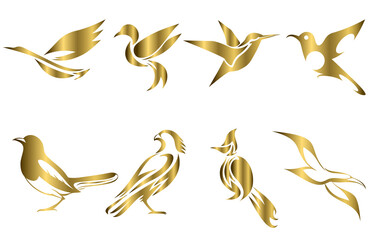 Set of gold vector images of various birds such as heron hummingbird magpie falcon seagull and Spigot bulbul Good use for symbol mascot icon avatar and logo
