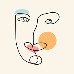 Abstract one line surreal face portrait. Vector illustration. Simple human head sketch. Digitally created drawing in minimalist style.