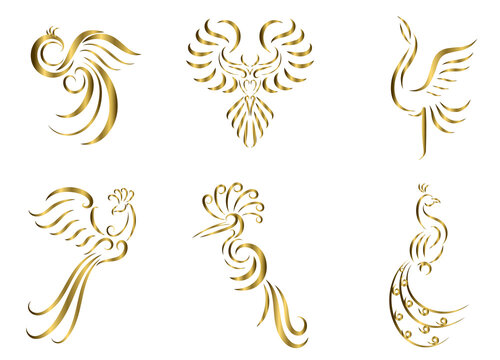Set of six gold line art vector images of various beautiful birds such as pheasant peacock crane Phoenix and eagle Good use for symbol mascot icon avatar and logo