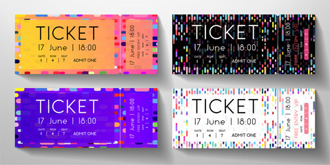 Admission ticket set. Template with circular dots and vertical colorful line on black and white background. Vector design for musical event, performance