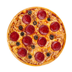 Isolated pepperoni pizza with salami and olives on the white background